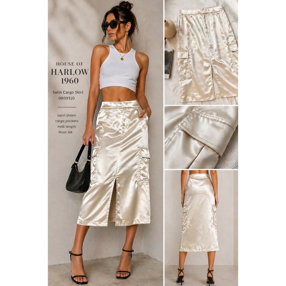 Y2K Satin Cargo Midi Skirt Champagne Utility Streetwear House of Harlow 1960 XS